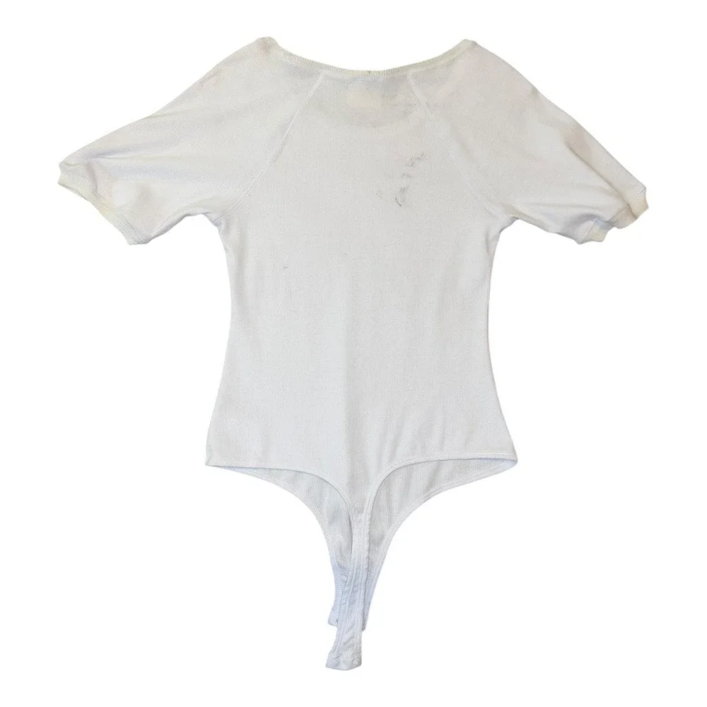 Free People Ribbed Knit Short Sleeve Bodysuit Thong White Medium New With Defect
